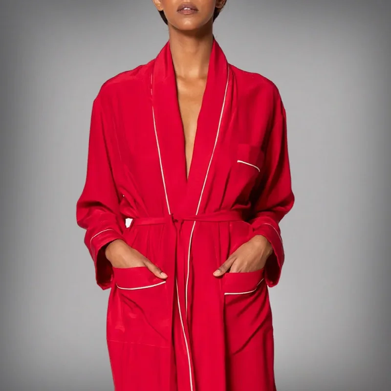 Women's robes with soft cotton fabric for warmth-ROBE - Red with Crème Piping