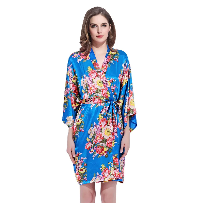 Women's robes with soft fabric for ultimate comfort-Royal Blue Floral Bridesmaid Robes Kimono