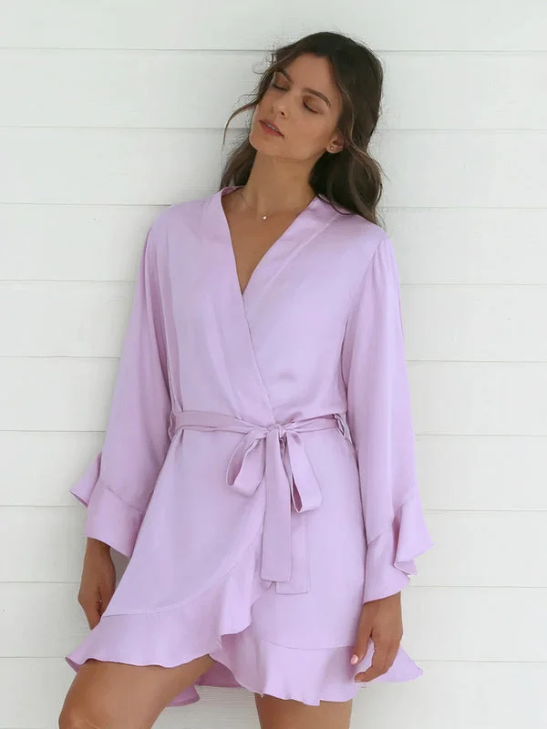 Comfortable women's robes with soft fabric-Robe de Chambre Femme à Volants en Satin "Lavande"