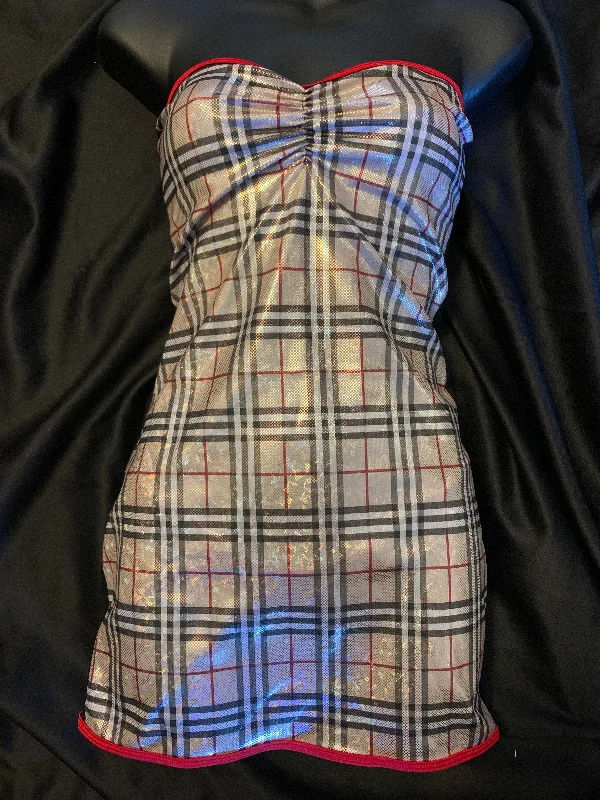 Sexy dress for intimate evening-Sparkley Plaid Tube Dress with Mesh Back and Matching Thong