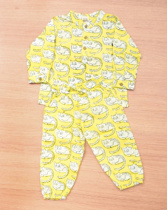 Mother and kid same suit for casual family get-togethers-Meow Cotton Kurta Pyjama Set for Kids
