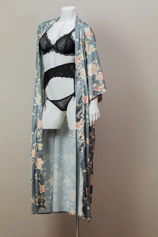 Women's robes with tie waist for a chic fit-Beltza Fleur Grise Printed Kimono