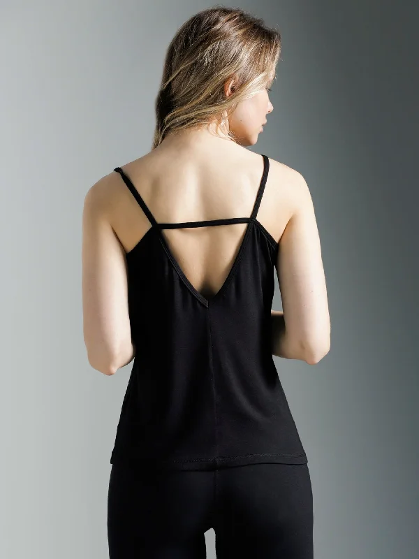 modest camisoles with coverage-V BACK SINGLET, BLACK MODAL