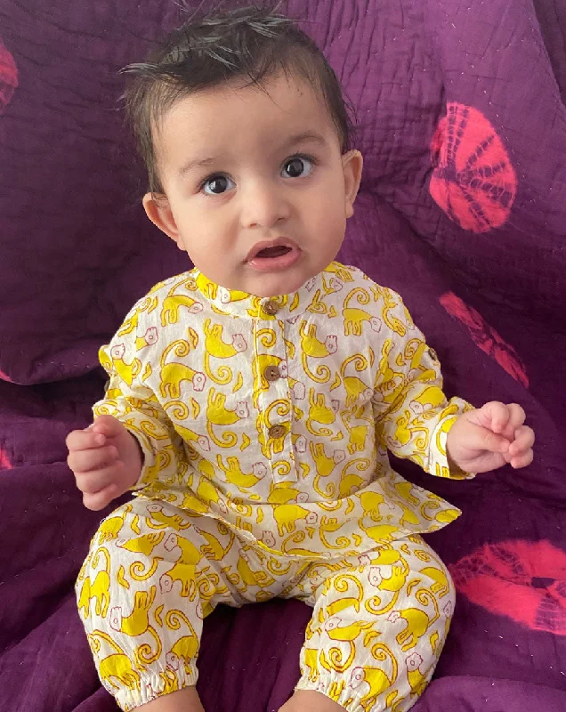 Fashionable matching mother and kid same suit for fun moments-Funky Monkey Cotton Kurta Pyjama Set for Kids