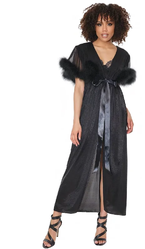 Sexy dress for high fashion appeal-Black, Metallic Semi-Sheer Knit/Mesh, Faux Marabou Robe