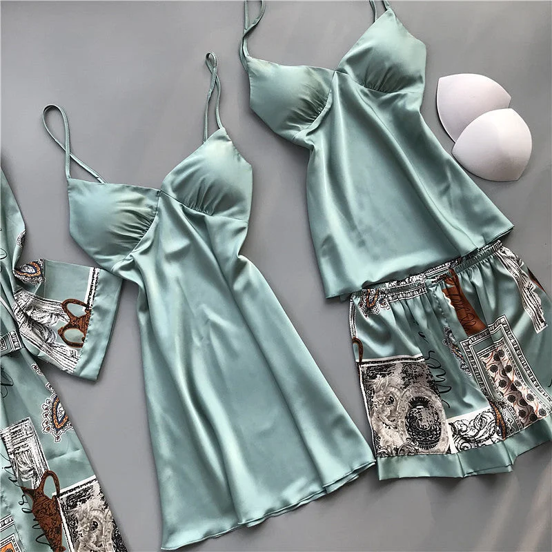 Women's robes with matching nightgown-Four-pieces printed Pajama Set