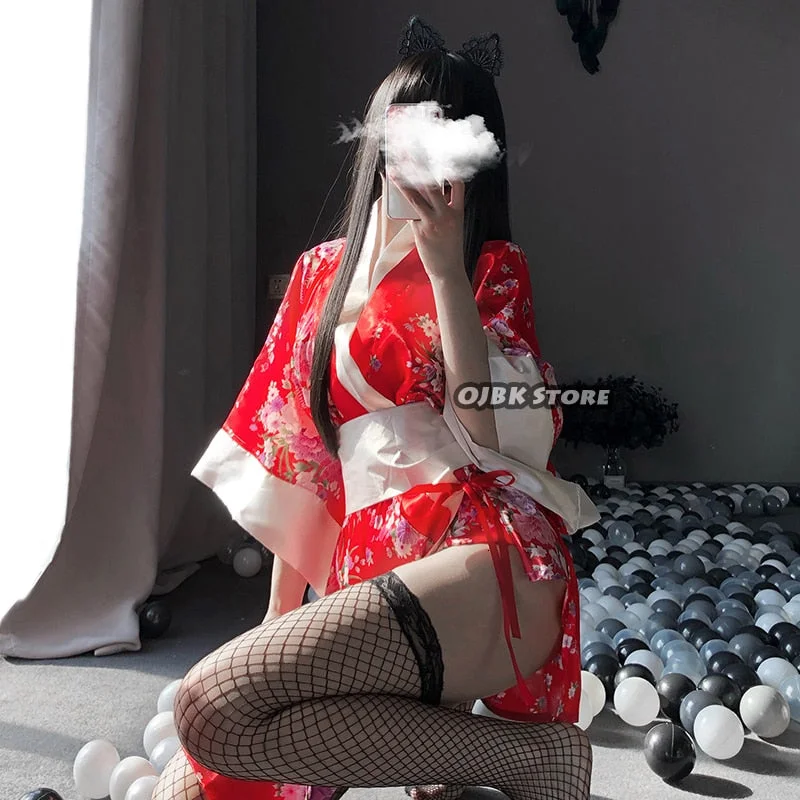 Soft and cozy women's robes for comfort-Japanese Kimono Sexy Cosplay Outfit For Women Traditional Style Robe Yukata Costumes Pajamas Soft Silk Belt 3pcs Set Black Red