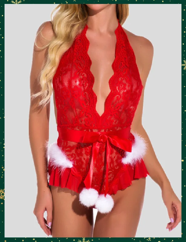 Women's sexy nightwear with luxurious silk fabric-Christmas Santa Lace Babydoll Chemise