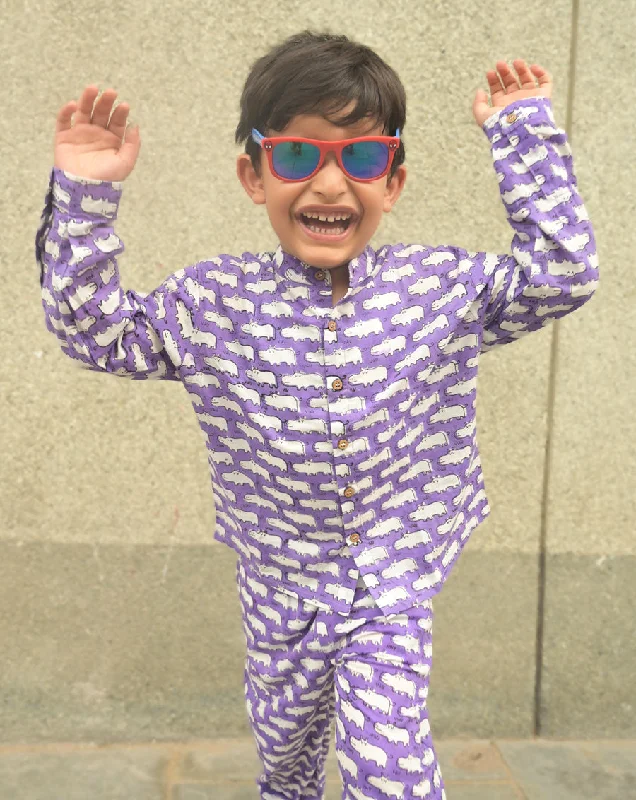 Comfortable matching mother and kid same suit for home lounging-Happy Hippos Cotton Shirt Pyjama Set for Kids