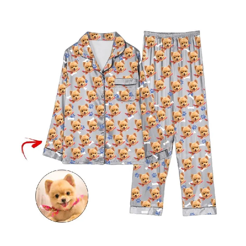 Comfortable matching mother and kid same suit for travel-Custom Photo Satin Pajamas Dog Footprint Grey Comfortable matching mother and kid same suit for travel-Custom Photo Satin Pajamas Dog Footprint Grey