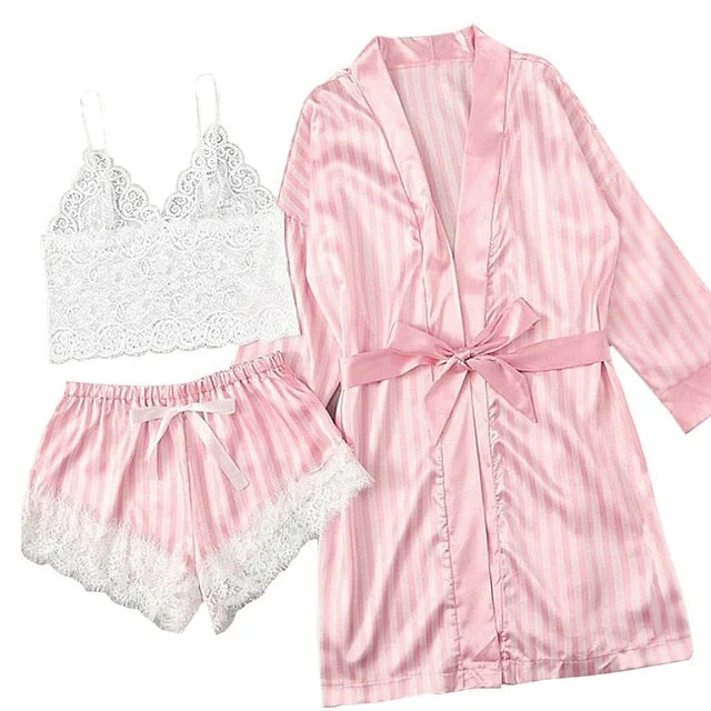Soft women's robes with flattering fit-Pink satin laced Cami set with Robe