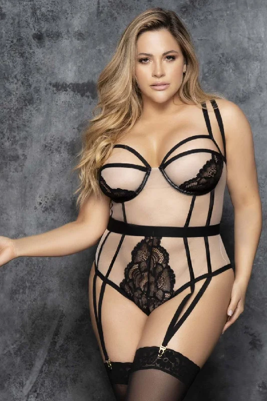 Sexy lingerie for hourglass figure-Mapale 8599X Peek-A-Boo Teddy Color Nude-Black