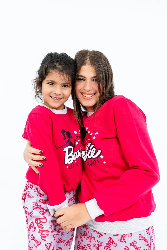 Mother and kid same suit for family outings-بيجامة شتوي بناتي بلون فوشيا وطبعة barbie lets go party Mother and kid same suit for family outings-بيجامة شتوي بناتي بلون فوشيا وطبعة barbie lets go party
