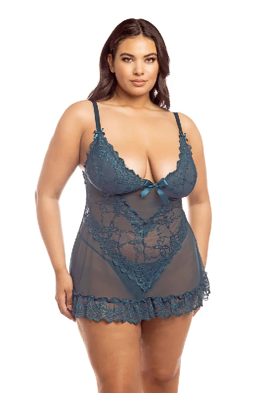 Soft satin women's sexy nightwear for a luxurious night-Valentine Soft Cup Lacey Plus Size Babydoll With Bows And G-string Panty Soft satin women's sexy nightwear for a luxurious night-Valentine Soft Cup Lacey Plus Size Babydoll With Bows And G-string Panty