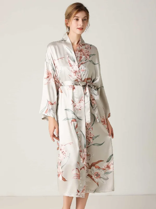 Warm women's robes for cold nights-Floral Tie Waist Long Sleeve Robe