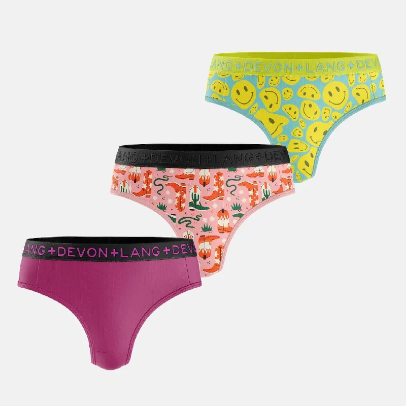 Women's panties for comfortable all-day wear-Bria Thong - Multi-Packs - Berry/Snakes + Boots/Smilies Women's panties for comfortable all-day wear-Bria Thong - Multi-Packs - Berry/Snakes + Boots/Smilies