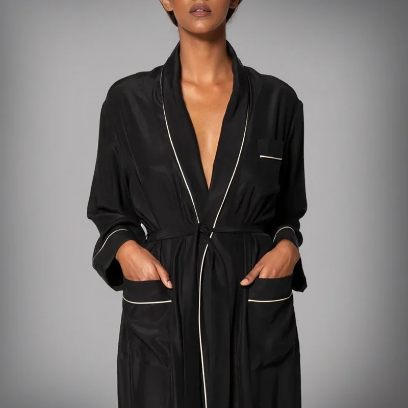 Comfortable women's robes for relaxing at home-ROBE - Black with Crème Piping