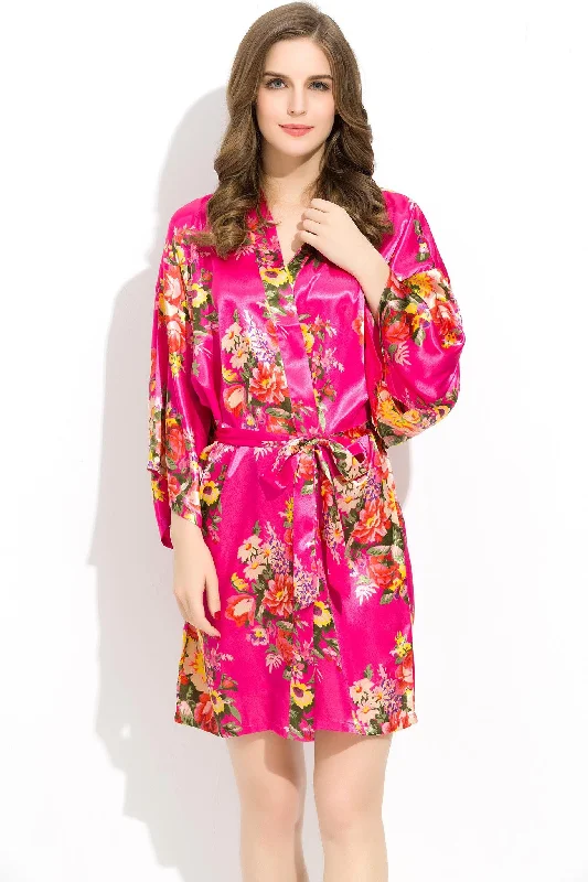 Women's robes with elegant trim-Rose Floral Bridesmaid Robes Kimono