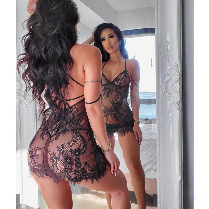 Cozy women's sexy nightwear for comfortable lounging-Lacey V-Sling Nightdress