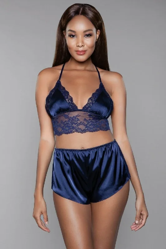 Women's sexy nightwear with elegant lace-Geovan Lace Trim Short Sett (Navy)