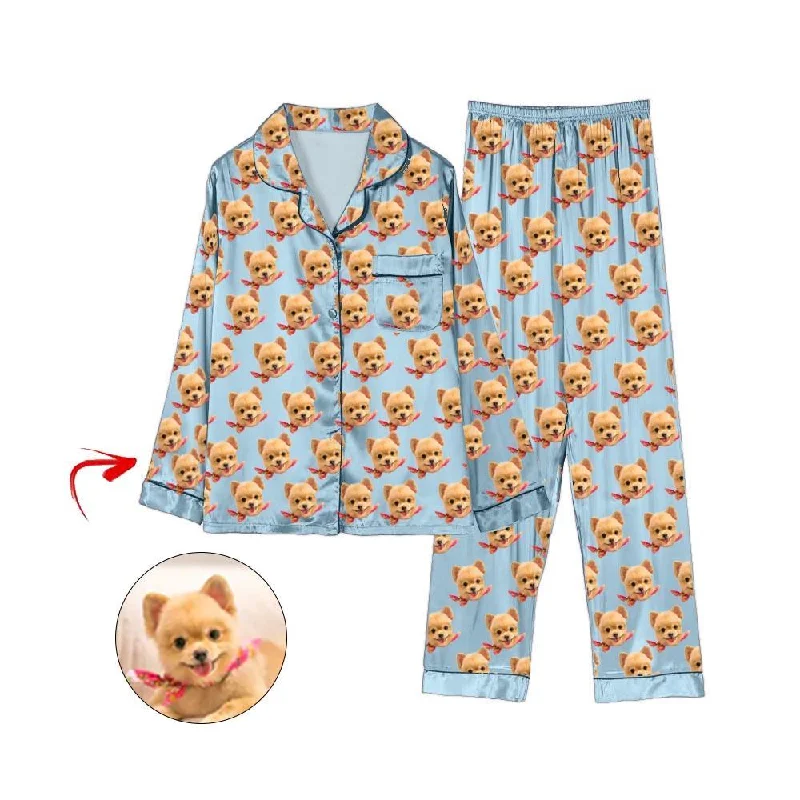Mother and kid same suit with trendy patterns-Custom Photo Satin Pajamas I Love My Dog Light Blue Mother and kid same suit with trendy patterns-Custom Photo Satin Pajamas I Love My Dog Light Blue