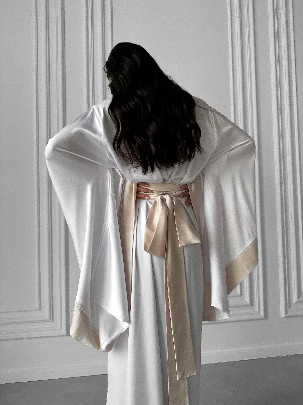 Women's robes with matching slippers-Kimono Sleeves Two-Tone Long Robe