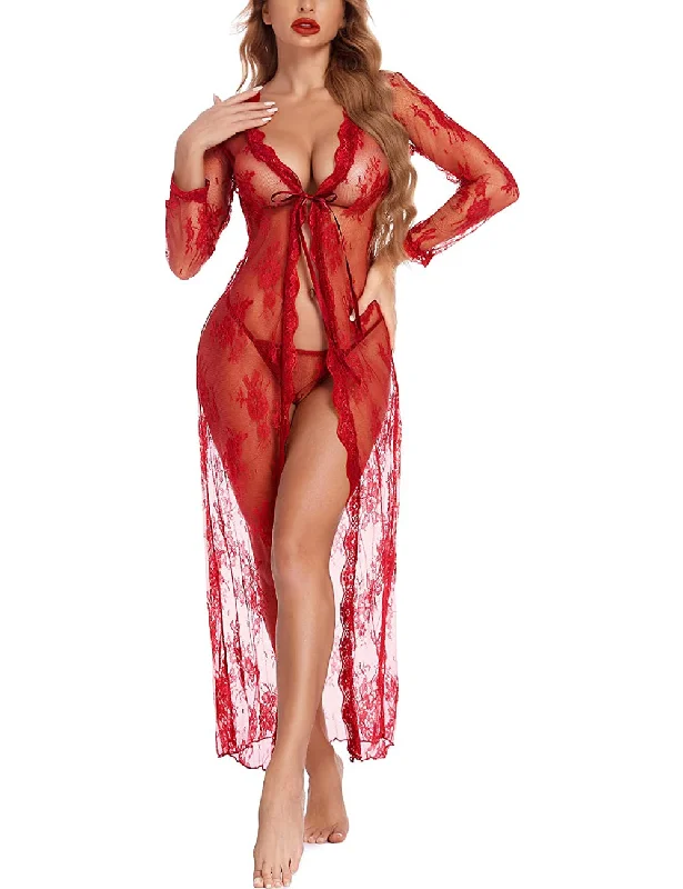 Women's robes with delicate details and soft fabric-Bridal Lace Babydoll Sheer Gown Robe