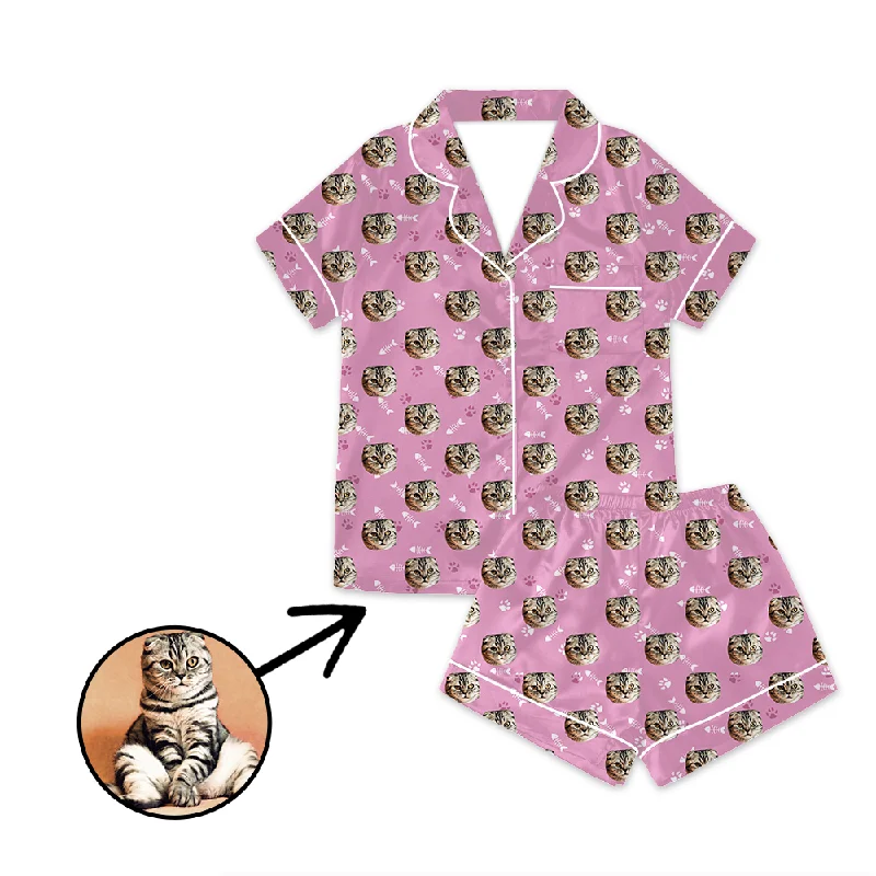 Casual matching mother and kid same suit for relaxed days-Custom Photo Satin Pajamas I Love My Cat For Summer