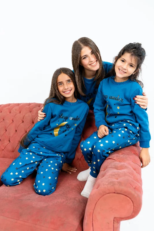 Matching mother and kid same suit with bright colors-بيجامه شتوي اطفال بناتي - باللون الجنزاري بطبعة " sleep under the stars " Matching mother and kid same suit with bright colors-بيجامه شتوي اطفال بناتي - باللون الجنزاري بطبعة " sleep under the stars "