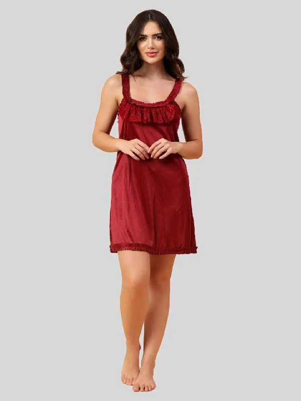 Comfortable women's sexy nightwear with chic details-Velvi Figure Broad Strap Babydoll- Maroon
