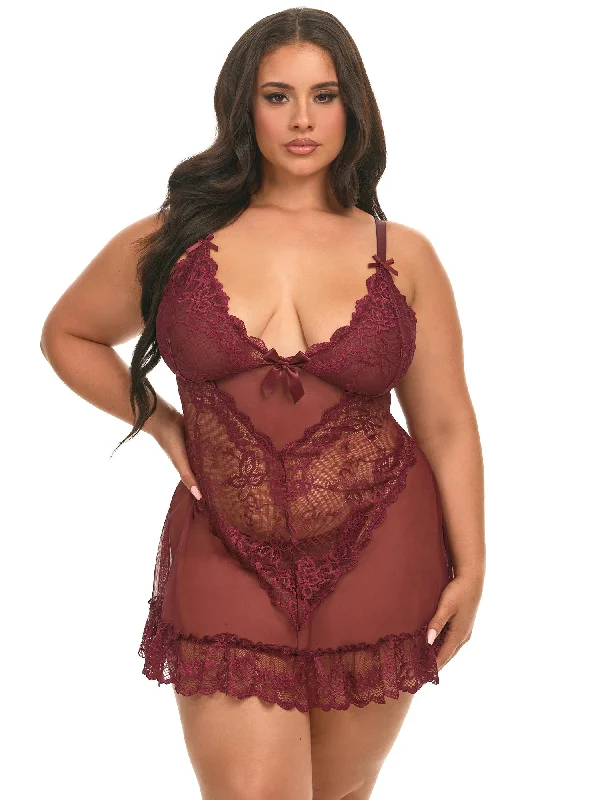 Sexy women's nightwear with elegant lace design-Valentine Soft Cup Lacey Plus Size Babydoll With Bows And G-string Panty Sexy women's nightwear with elegant lace design-Valentine Soft Cup Lacey Plus Size Babydoll With Bows And G-string Panty