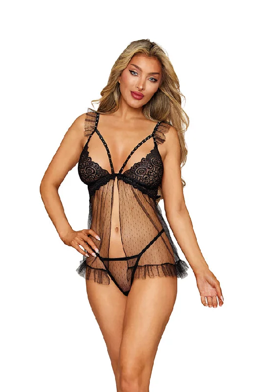 Sexy dress for making a statement-Scalloped Lace and Dot Mesh Babydoll with Fly-Away Front and G-String Set Sexy dress for making a statement-Scalloped Lace and Dot Mesh Babydoll with Fly-Away Front and G-String Set