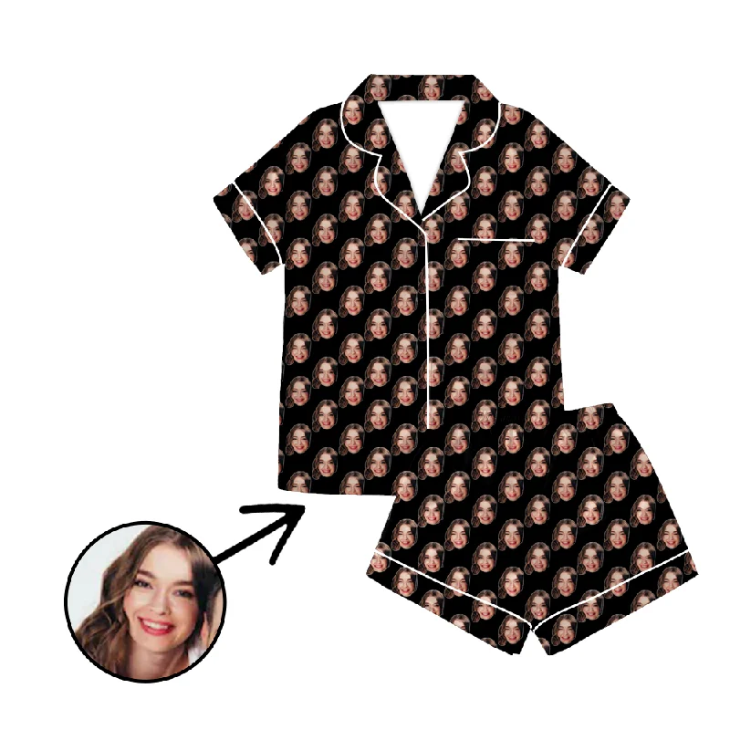 Mother and kid same suit for short weekend getaways-Custom Photo Satin Pajamas Black For Summer