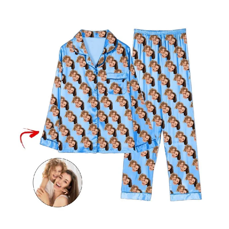 Casual matching mother and kid same suit for school events-Custom Photo Satin Pajamas Happy Mother's Day Blue Casual matching mother and kid same suit for school events-Custom Photo Satin Pajamas Happy Mother's Day Blue