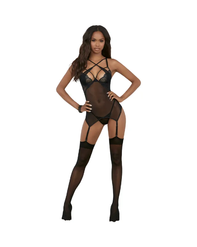 Soft satin women's sexy nightwear for elegant rest-Black Strappy Chest Stocking Bustier Set
