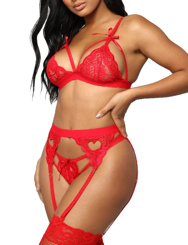 Red lingerie sets for passionate look-Sexy 3 Piece Garter Lingerie Set