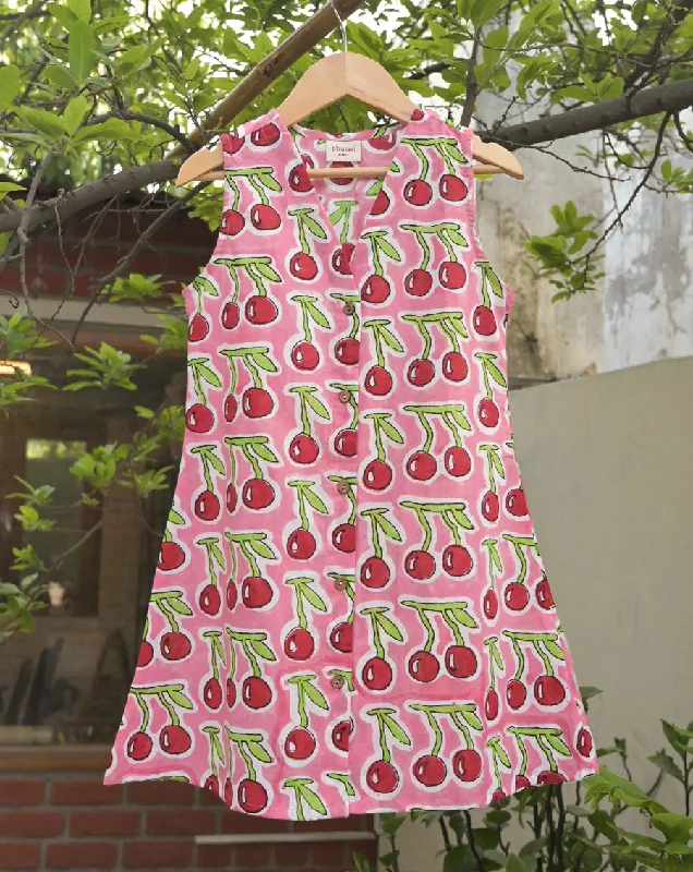 Matching mother and kid same suit for evening outings-Cherries Cotton Dress for Girls