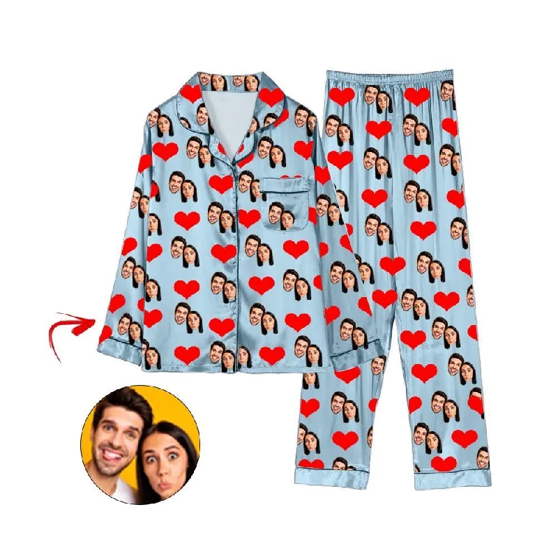 Casual mother and kid same suit for everyday wear-Custom Photo Satin Pajamas Heart Happy You And Me Light Blue