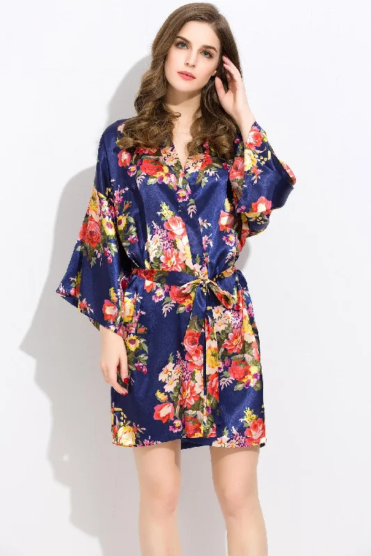 Comfortable women's robes with pockets and tie-Midnight Blue Floral Bridesmaid Robes Kimono