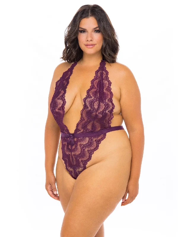 Sexy lingerie for creating seductive look-Curvy Alessa Super Plunge Lacy Teddy
