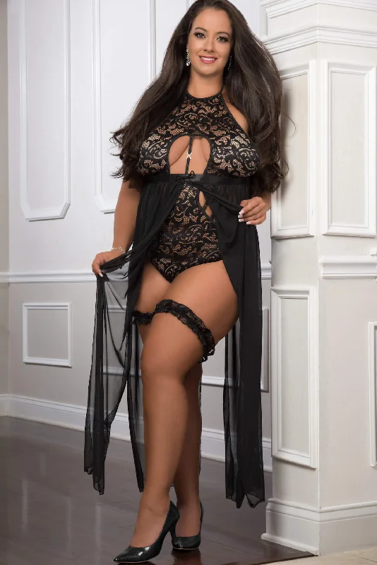 Sexy lingerie for shaping and support-Black 2pc Flyaway Slitted Long Dress Teddy with Snap Crotch