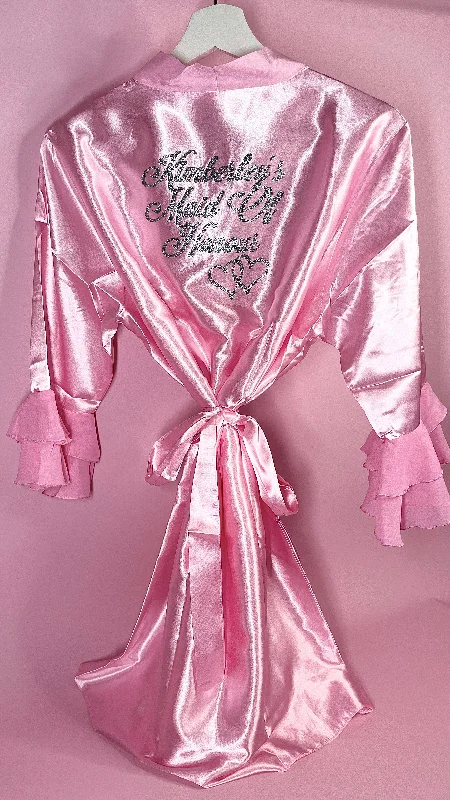 Elegant robes for women with satin sheen-Personalised Ruffle Robe | BabyPink Discontinued Last Chance To Buy
