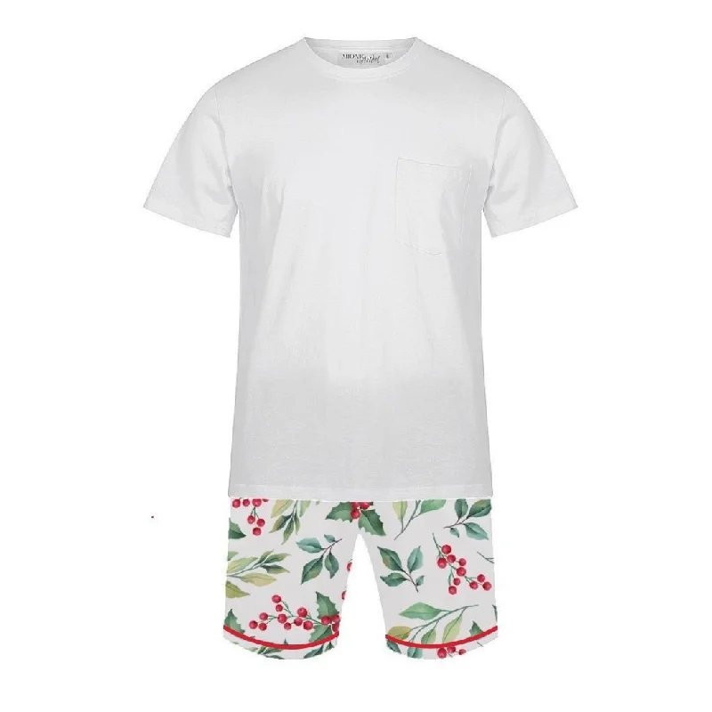 Comfortable mother and kid same suit for active kids-Men's Satin Personalised Pyjama Set - Cotton Shirt with Mistletoe Print Shorts