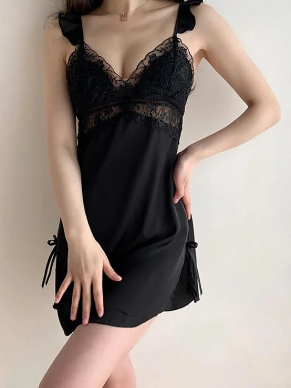 Women's sexy nightwear with soft satin finish-Nuisette dentelle fronde "Noire"