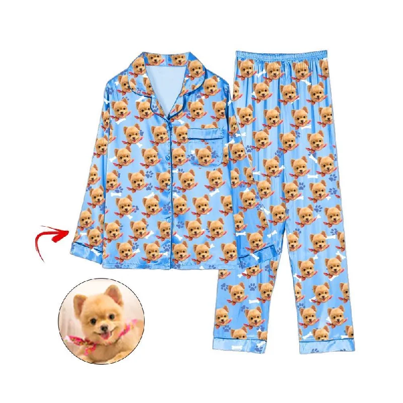 Mother and kid same suit for spring celebrations-Custom Photo Satin Pajamas Dog Footprint Blue Mother and kid same suit for spring celebrations-Custom Photo Satin Pajamas Dog Footprint Blue