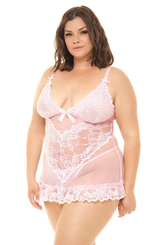 Women's sexy nightwear with soft satin finish-Curvy Valentine Sheer Babydoll