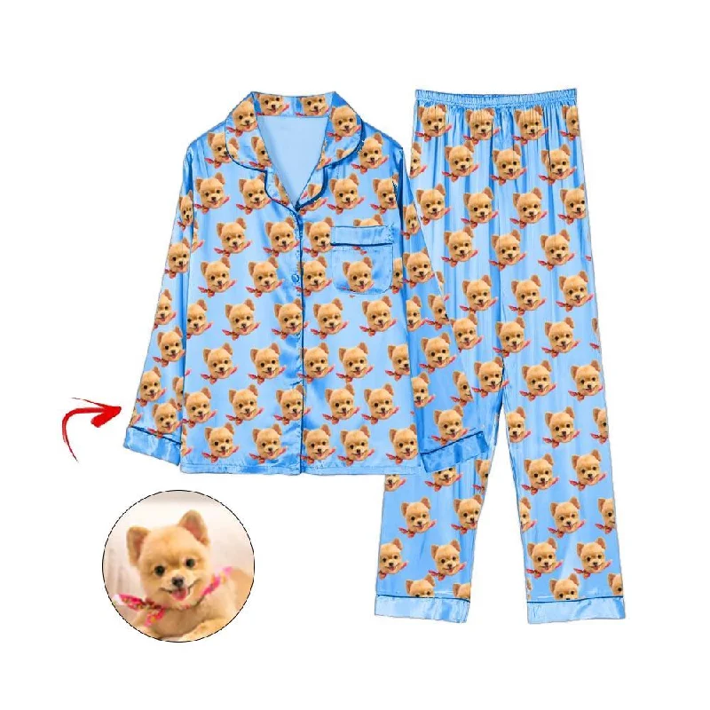 Stylish matching outfits mother and kid same suit-Custom Photo Satin Pajamas I Love My Dog Blue Stylish matching outfits mother and kid same suit-Custom Photo Satin Pajamas I Love My Dog Blue