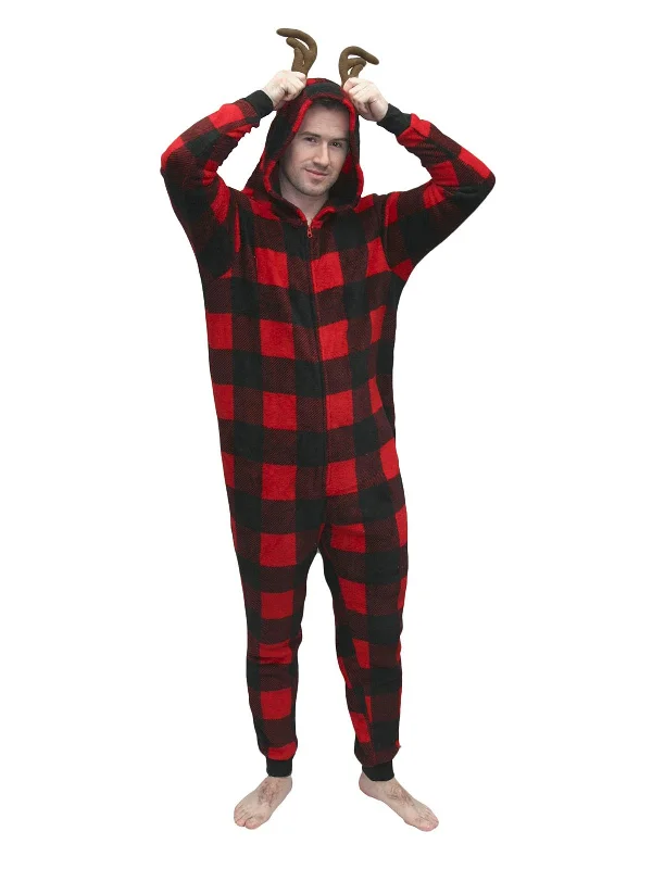 Matching mother and kid same suit for cozy family moments-Mens Womens Buffalo Plaid Deer Onesie Pajama Matching mother and kid same suit for cozy family moments-Mens Womens Buffalo Plaid Deer Onesie Pajama
