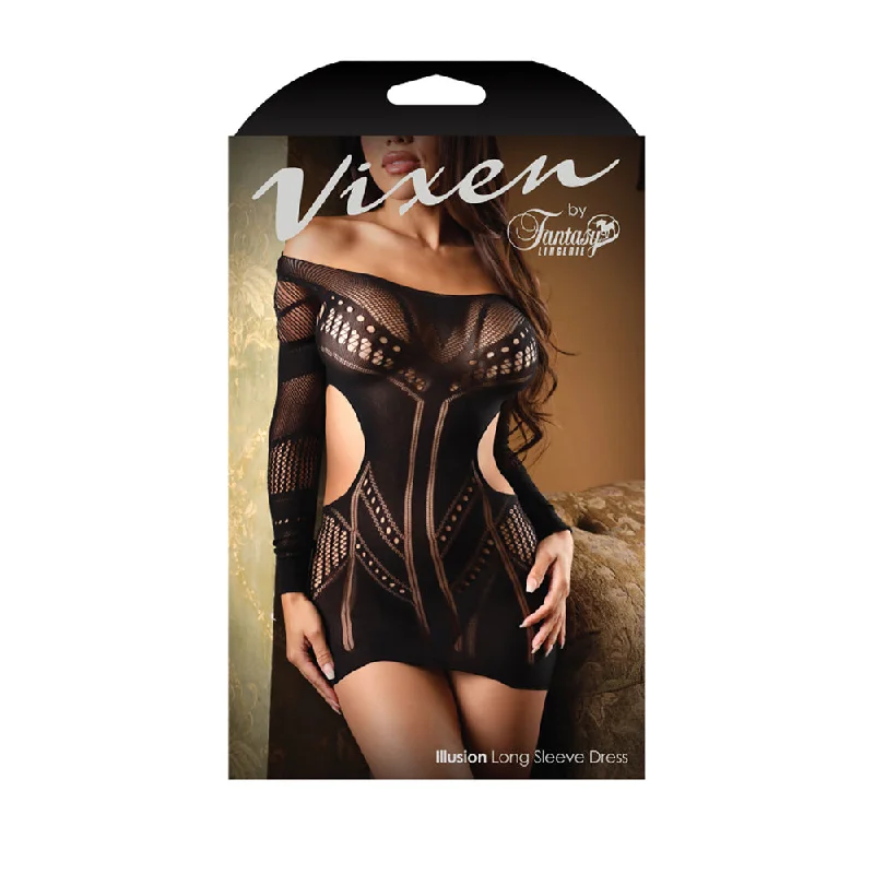 Sexy dress for luxury fashion-Illusion Long Sleeve Dress One Size