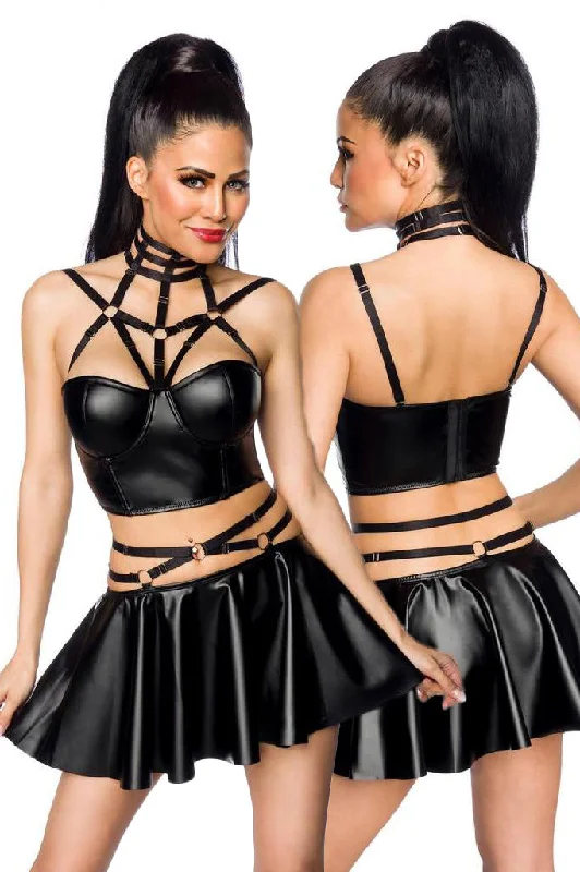 Sexy dress for night-time chic fashion-Saresia Harness Wetlook Set mit ausgestelltem Rock